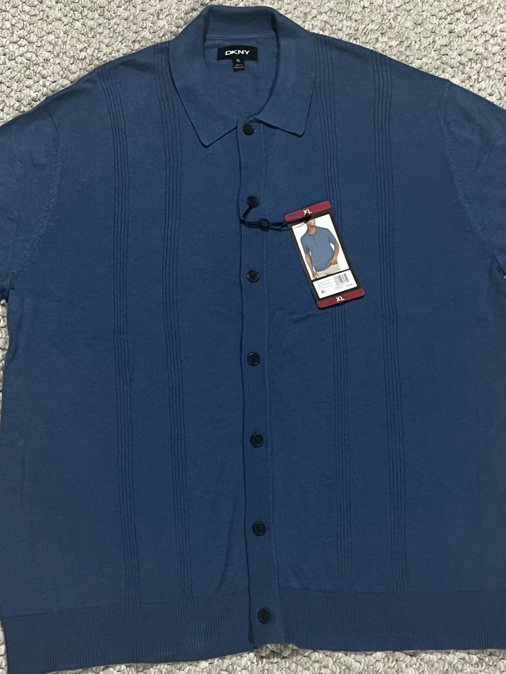 DKNY Men’s Navy Blue Short-Sleeve Button-Down Knit Shirt